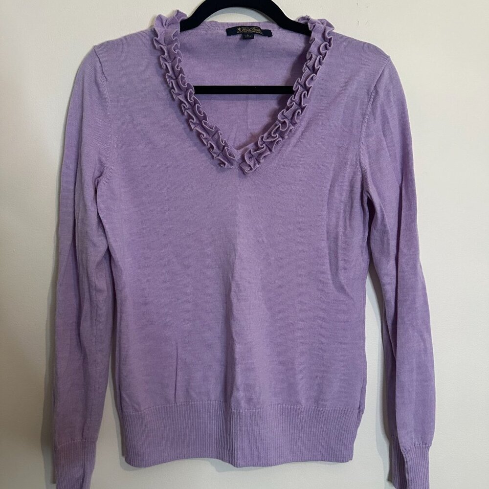 Brooks Brothers V Neck Ruffle Sweater 100% Merino Wool Quiet Luxury - Medium